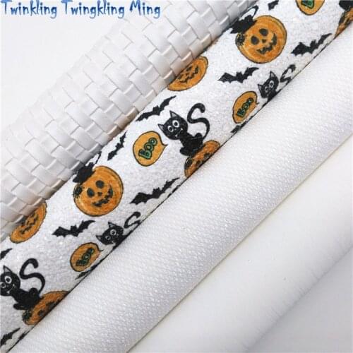 White Glitter leather, Pumpkins and Cats Printed Glitter Fabric, Weaving Faux Fabric Sheet For Bow 21x29CM Twinkling Ming KM320