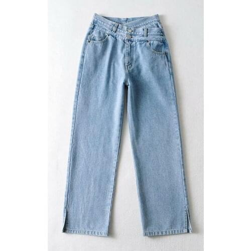 Blogger Double-layered Cross-waist Dad Pants Show Thin Denim High-waisted Wide-legged Straight-legged Trousers DLZK521