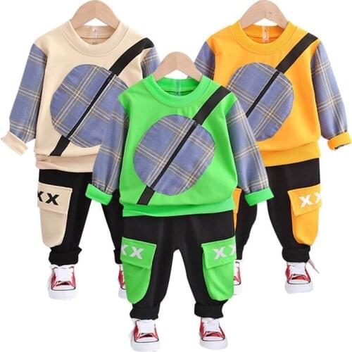 Children Leisure Big Pocket Pullover Sweater Trousers 2Pcs Suit Boy Spring Autumn Color Matching Plaid Long Sleeve Top Pants Set
