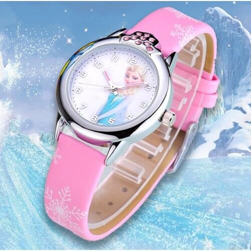 Disney Frozen Princess Pattern Children Watch Fashion Crystal Cartoon Leather Quartz Wristwatch for Girls Kids Toy Gift