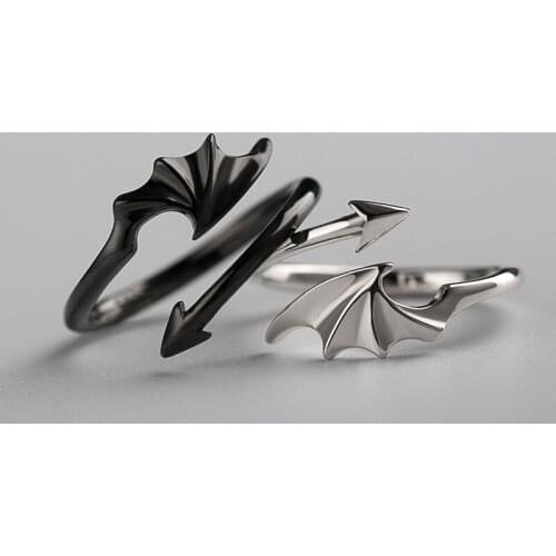 Gothic Evil Wings Rings for Lovers Black White Paired Devil Angels Wing Arrow Open Couple Ring Punk Halloween Jewelry Wholesale