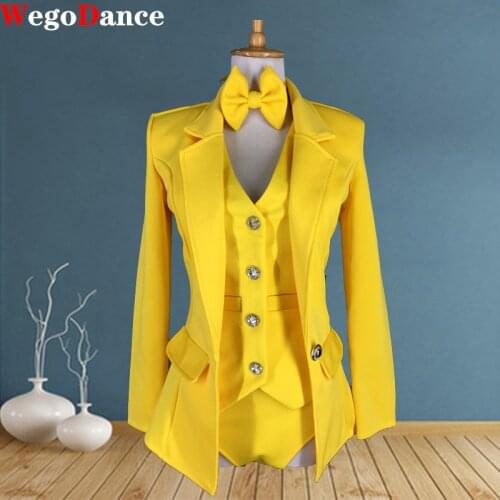 Customise Women Modern Yellow Vest Coat Shorts 3 Pieces Set Jazz Dance Team Performance Stage Outfit Nightclub DJ Costumes