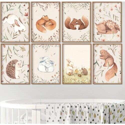 Rabbit Fox Squirrel Deer Woodland Cartoon Wall Art Canvas Painting Nordic Posters And Prints Wall Pictures For Kids Room Decor