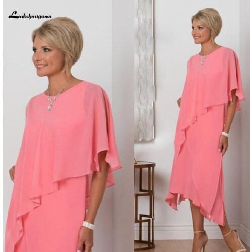 Lakshmigown Coral Chiffon Tea Length Mother of the Bride Dresses for Weddings Ruched Plus Size Godmother Evening Party Dress
