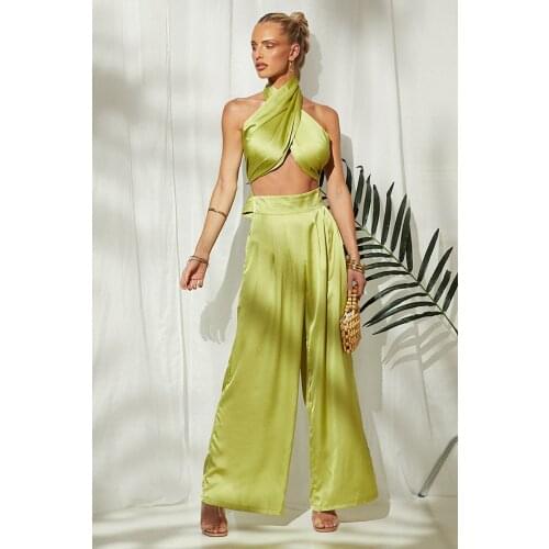 2021 Fashion Sexy Two Piece Set Womens Workout Active Wear Sleeveless Bandage Summer Satin Top And Skinny Wide Leggings