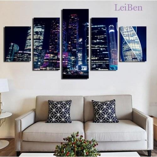Five Piece Set Hd Canvas Painting City Architecture Night Scene Wall Art Poster Home Decoration Living Room Large Size Picture