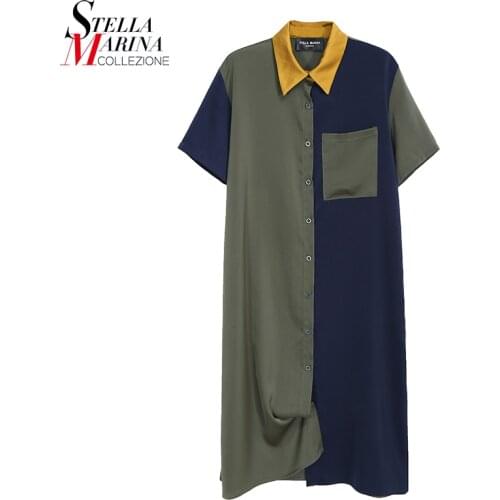 New Summer Woman Green Patchwork Shirt Dress Straight Midi Girls Casual Street Style Short-Sleeve Casual Dress Robe Femme 8216