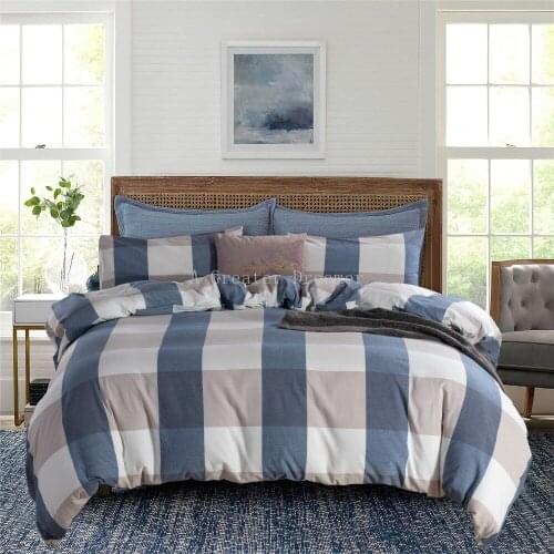 Simple Stripes Cotton Bedding Set Embroidery Solid Color Hotel Household Bed Set Adults Lattice Duvet Cover Queen King Size
