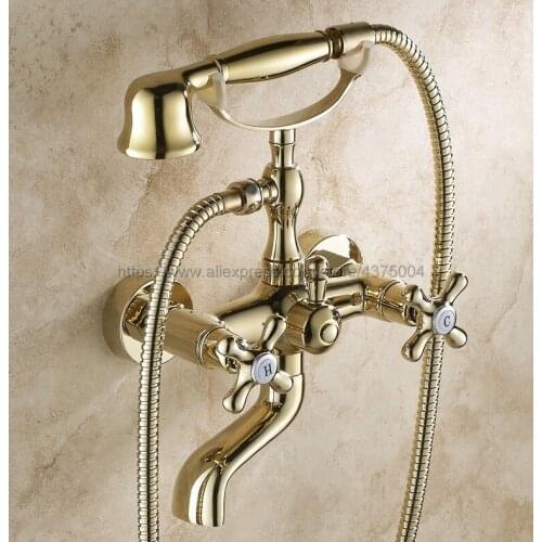 Luxury Gold Color Brass Wall Mount Bathtub Faucet Dual Handles Swivel Spout Mixer Tap with Hand Sprayer Ntf081