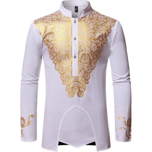 Mens African Dashiki Shirt Luxury Metallic Floral Mandarin Collar Long Sleeve Dress Shirts Hip Hop Streetwear African Clothes