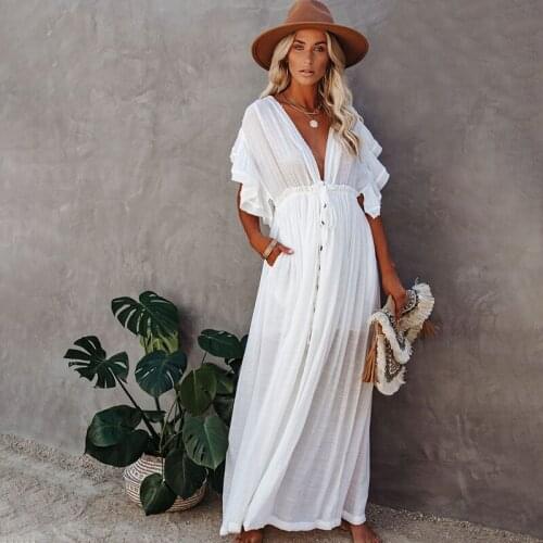 Sexy Bikini Cover-ups Long Tunic Casual Summer Beach Dress Elegant Women Large Beach Wear Swim Suit Cover Up White Bohemian