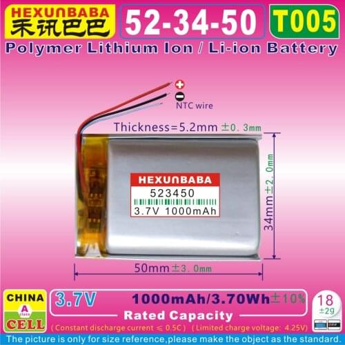 [T005] 3.7V 1000mAh [523450] NTC;THREE 3 WIRE;Polymer lithium ion / Li-ion battery for DVR;MP3;cell phone,POWER BANK;GPS;MP4