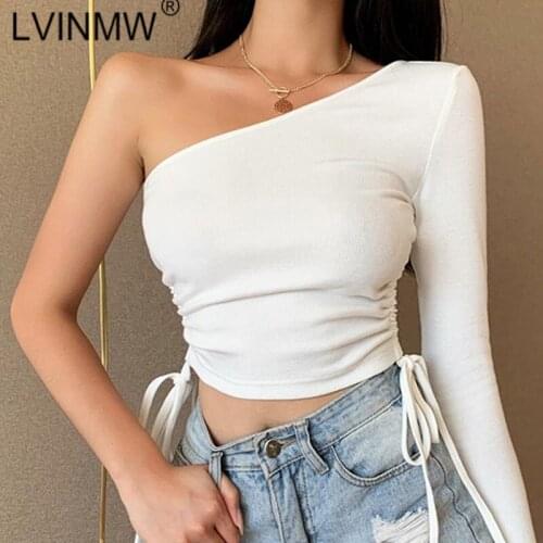 LVINMW Sexy Skew Collar One Shoulder Long Sleeve Backless Lace Up Crop Top 2020 Autumn Women tshirts Solid Simple Slim Street