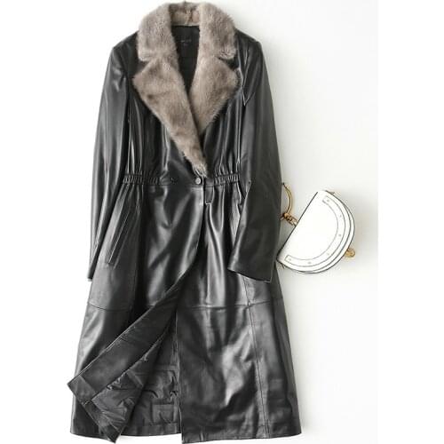 Leather Jacket Women Winter Sheepskin Genuine Leather Jacket Real Mink Fur Collar Duck Down Long Coat Chaqueta Mujer