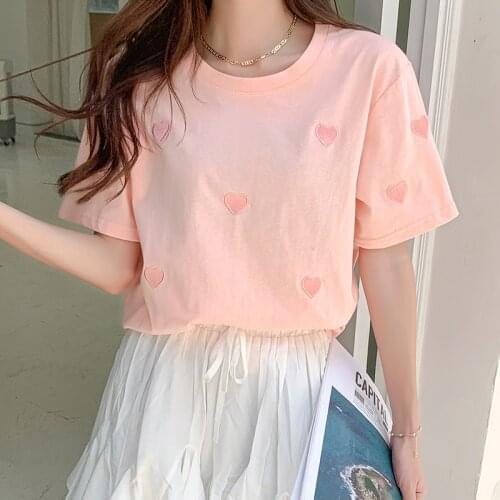 Gkfnmt Embroidery Love Pink T Shirt Summer Short Sleeve Women Tops Tshirt Cotton Korean Style T-shirt Woman Clothes Blue Purple