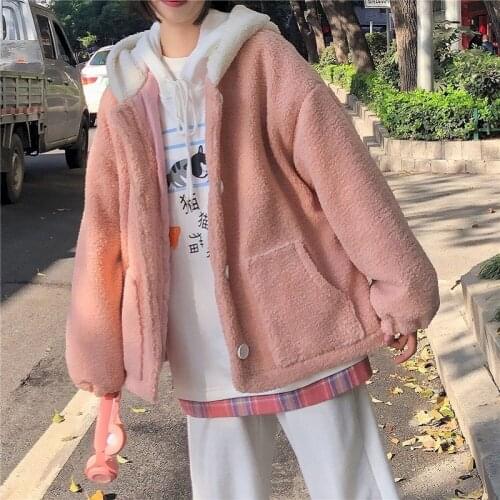 2021 Autumn And Winter New Hooded Jacket Women Plus Velvet Thickening Imitation Lamb Velvet Korean Loose Student Coat Kawaii