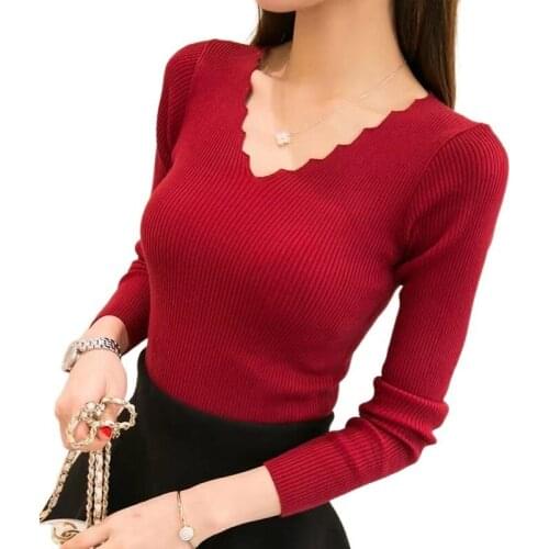 Women Fashion Autumn V-Neck Long-Sleeve Knitted Sweater Female Jumper Pullover Solid Basic Elasticity Woman Clothing Pull Femme