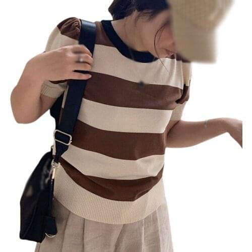 Women Chic All-match Classic Stripe T-Shirt Summer Casual O Neck Short Sleeve Slim Knitted Tee Shirt Harajuku Feminina Tops 2021