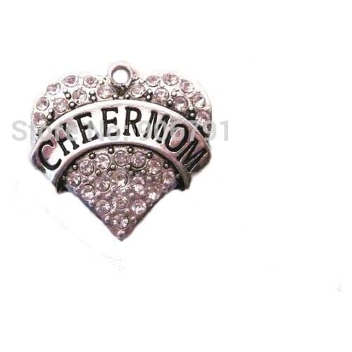 100pcs a lot rhodium plated Cheer Mom with sparkling crystals Heart Pendant(A120783)