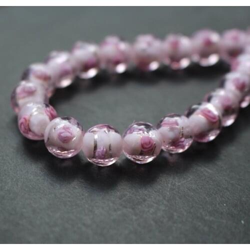20Pieces/Lot 10mm Lampwork Glass Beads Flower With Silver Color Foil Pink Color for jewelry making