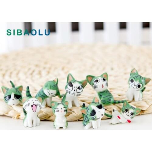 9pcs Green Grey Pink Cat Figurine Animal Model Diy Home Decor Bonsai Miniature Fairy Garden Decoration Accessories Modern Statue