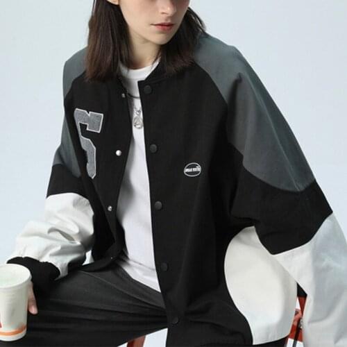 Casual Hairy Letter Embroidered Baseball Jacket Crew Neck Patchwork Baseball Uniform Girls Fashion Preppy Style Loose Jackets