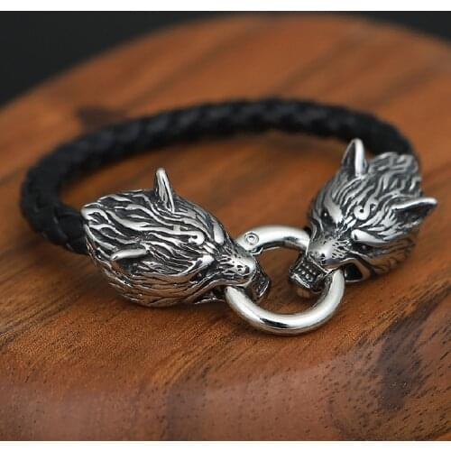 Punk Vikings Wolf Head Leather Rope Bracelets Mens Stainless Steel Bangles Wristband Women Nordic Culture Homme Jewelry Gifts