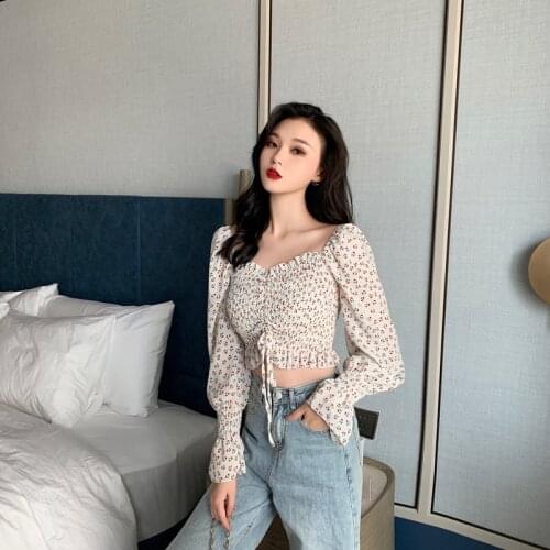 Camisa de mujer, blusa de cuello cuadrado de manga larga, top floral para fotografía de fiesta de viaje de vacaciones