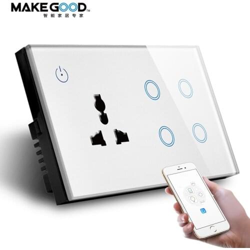 MakeGood UK Standard Combination Switch Touch Glass Panel Smart WIFI 4gang Light Switch and Wall Socket Voice Control