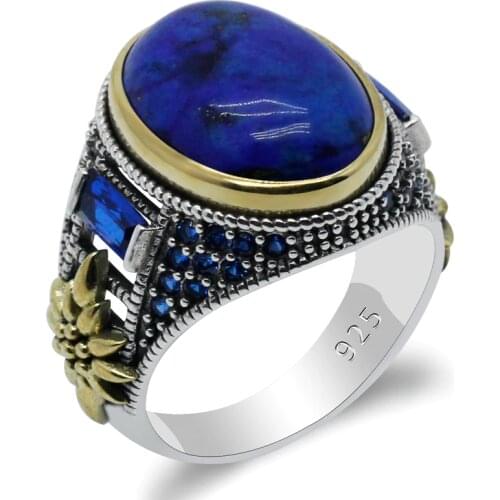 Mens Ring with Lapis Stone Vintage 925 Sterling Silver with Big Natural Blue Stone Rings for Male Women Jewelry Christmas Gift