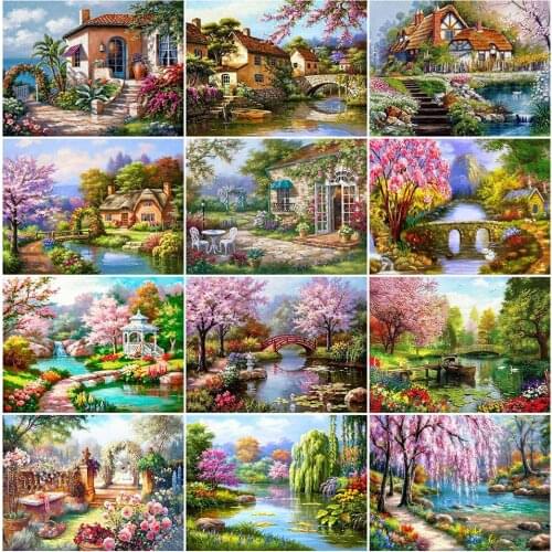 5D Diamond Painting Kit Cross Stitch Natural Scenery Garden House Bridge Flowing Water Full Diamond Embroidered Mosaic Scenery