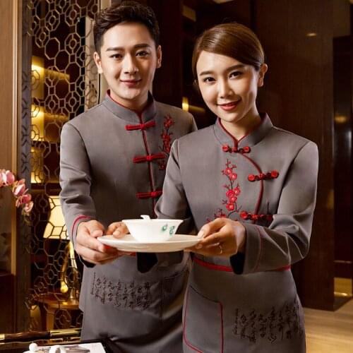 Hotel Working Clothing Autumn/Winter Women Chinese Restaurant Waitress Uniform+Apron Set Men High Quality Chinese Style Workwear
