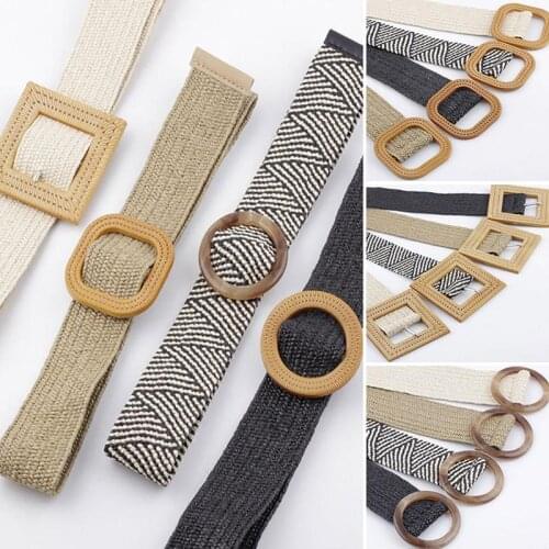 Simple Boho Braided Belts For Women Straw Waist Belt Round Square Bamboo Wooden Buckle Dress Belt Female Woven Straw Wide Belt