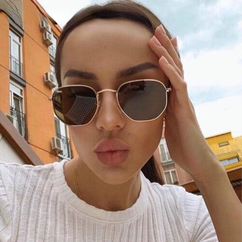 Men Sunglases Hexagon Sun glasses NEW Women Metal Frame Fishing Glasses Gold tea Eyewear lentes de sol hombre okulary UV400