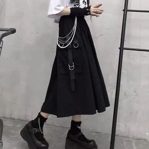 High Waist Loose A-line Skirts women Chain Side Ring Pocket Midi Long Hip Hop Black Skirt