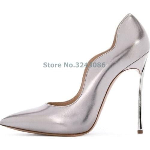 Pointed Toe Suede Thin High Heel Shoes Matching Colors Cambered Fashion Women Pumps Silver Patent Leather Dress Shoes