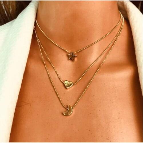 New Fashion Womans Girl Simple Sweet Neck Chain Vintage Alloy Stars Moon Heart-Shaped Pendants Necklace Jewelry Accessories