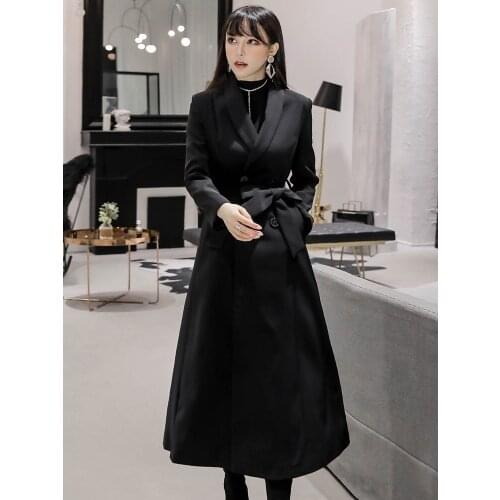 Black Windbreaker Womens Middle Long 2021 New Korean Long Sleeve Autumn Temperament Casual Double Breasted Coat