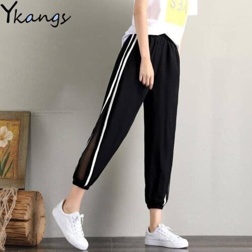 Plus Size 4xl Ankle Length Pants Joggers Women Lace Spliced Harem Pants Solid Black Harajuku Streetwear Elastic High Waist Pants