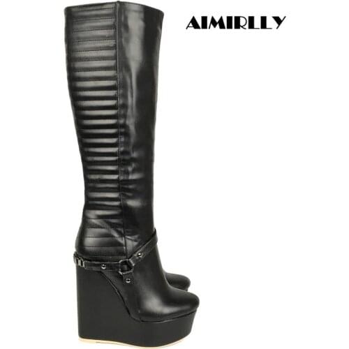 Womens Boots Wedge High Heel Platform Knee boots Round Toe Autumn Winter Shoes Full Zipper Ladies Fashion Boots Black