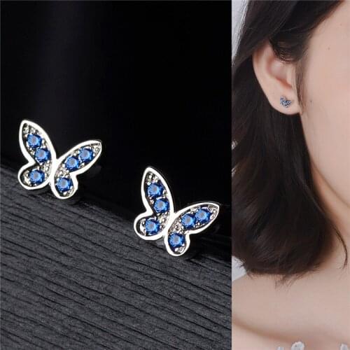 New Arrival Princess Silver 925 Earrings Jewelry Female Fashion Crystal Blue Butterfly Stud Earring Girl Birthday Gift Bright