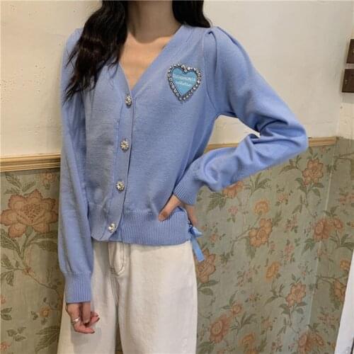 Woman Sweaters Cardigan Two-Side Hem Cross Lace-up Heart Shape Rhinestone Beaded Sweater Womens Autumn Winter Breasted Cardigan