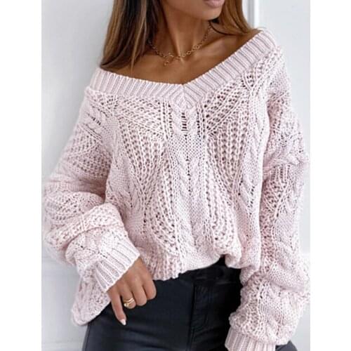 Women Casual Hollow Out Knitted Sweater Long Sleeve Sexy Deep V neck Solid High Street Pullover 2021 Winter New Fashion Sweater