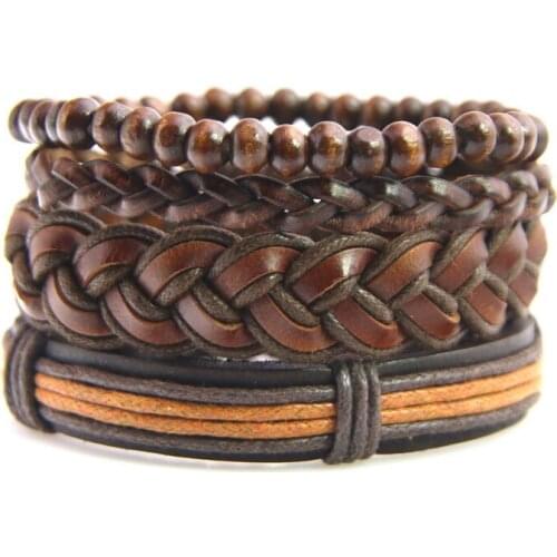 4 PCS/Set Leather Bracelet Women Jewelry Men Bracelet Handmade Adjustable Multilayer Woven Leather Rope Men Charm Bracelets