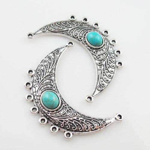 4Pcs Retro Tibetan Silver Stone 2-7 Moon Charms Pendants Connectors 37x54mm