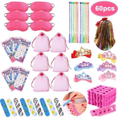 60PCS Spa Wedding Party Supplies Girls Christmas Gift Multiple Spa Party Favors Kids Crown Hairpin Stickers Birthday Party Gifts