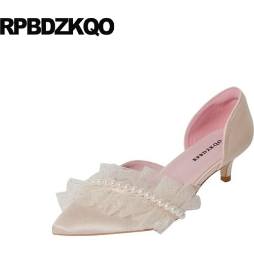 Satin Dress Prom Lace Wedding Pointed Toe Pumps Kitten Pearl Thin Women D'orsay Low Heels Bridal Shoes Bridesmaid Girls Summer