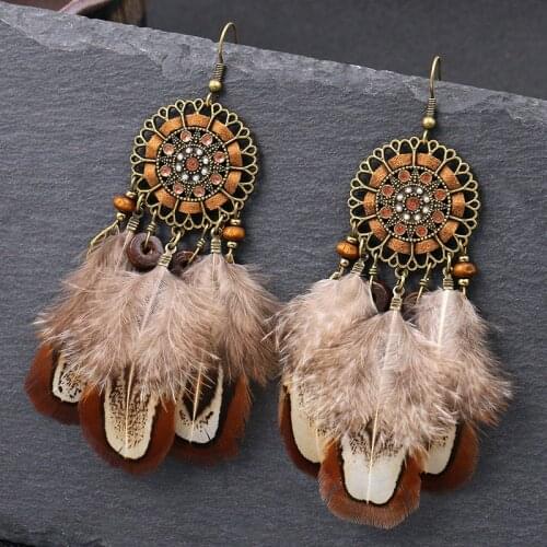 Bohemian National Wind Long Personality Retro Drop Dangle Long Tassel Feather Hook Earring for Women