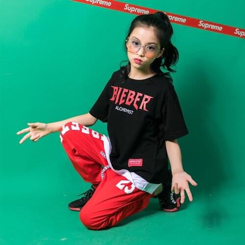 Kid Hip Hop Clothing Cool Black T Shirt Top Girls Boys Jazz Dance Costume Ballroom Dancing Clothes Streetwear Casual Red Pants