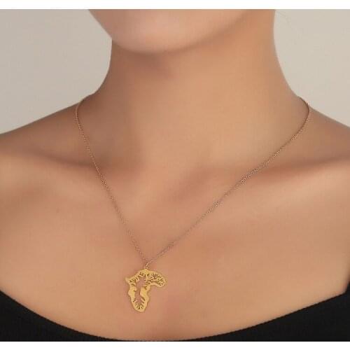 Statement Tree of Life Africa Map Necklaces for Men Women Stainless Steel Map Pendnat Trendy Travel Jewelry Gift